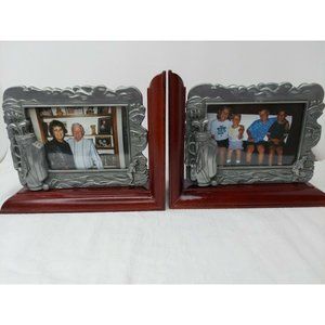 lot of 2 wooden book ends pewter photo frames golf